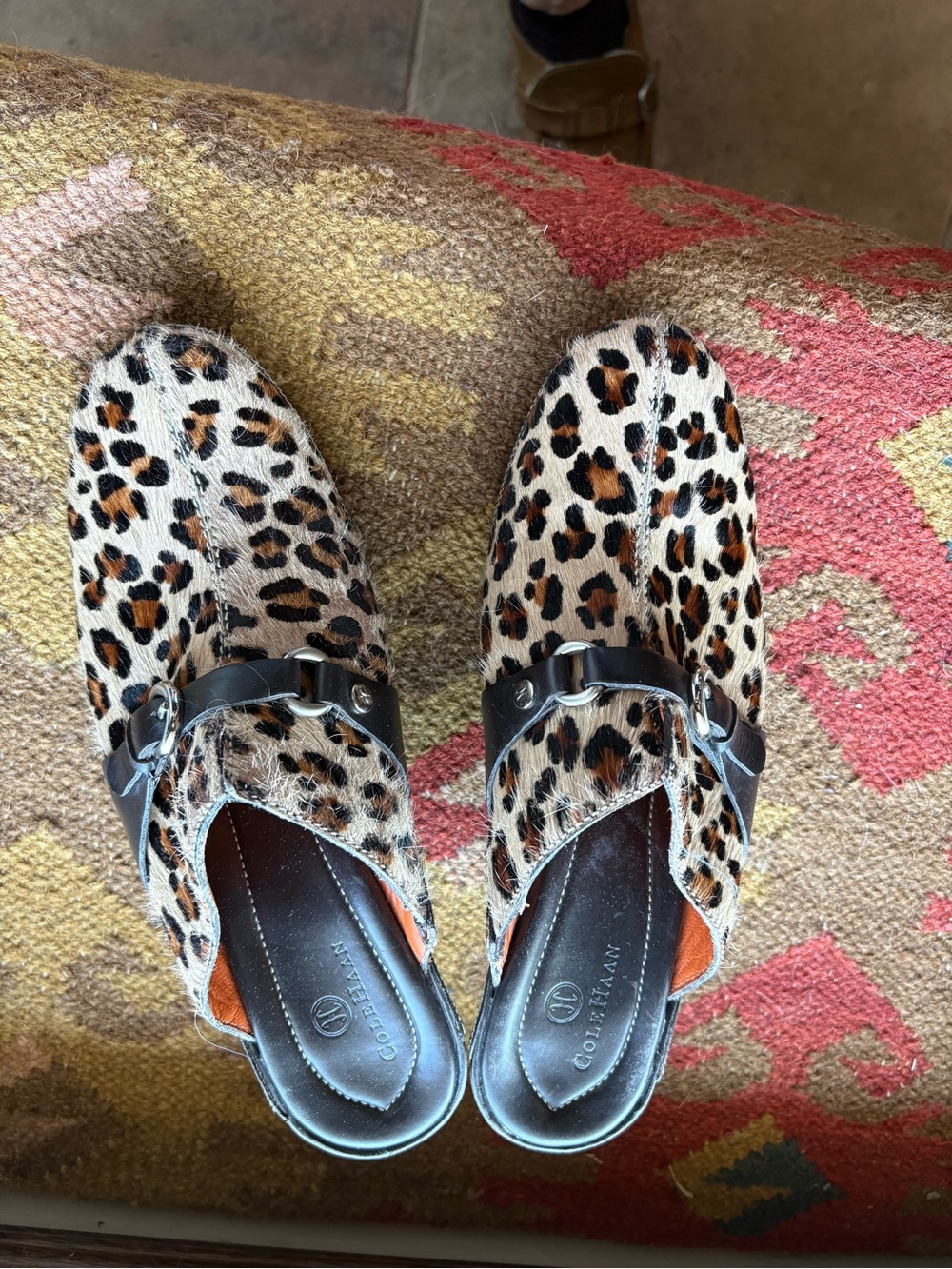 Cole Haan Leopard Print Haircalf Mules with Black Leather Trim